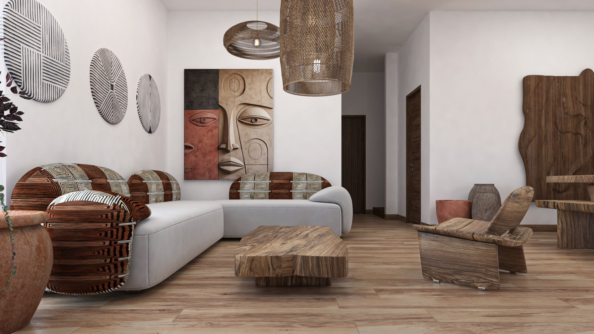 Lounge interior with African art, carved wood furniture, and woven pendant lights at Vela Paje