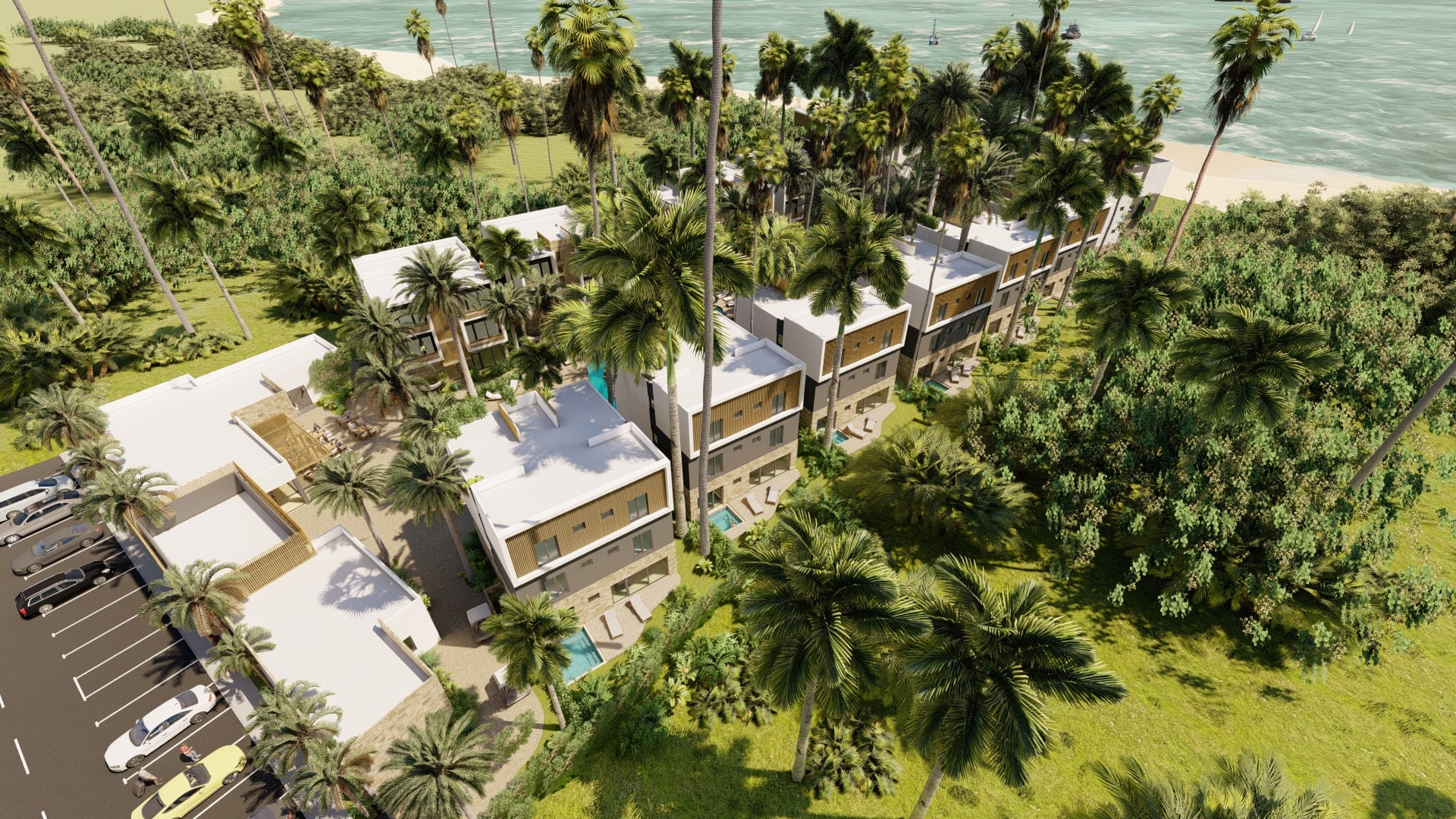 Aerial render of Vela Paje Zanzibar beachfront development with residential buildings and ocean