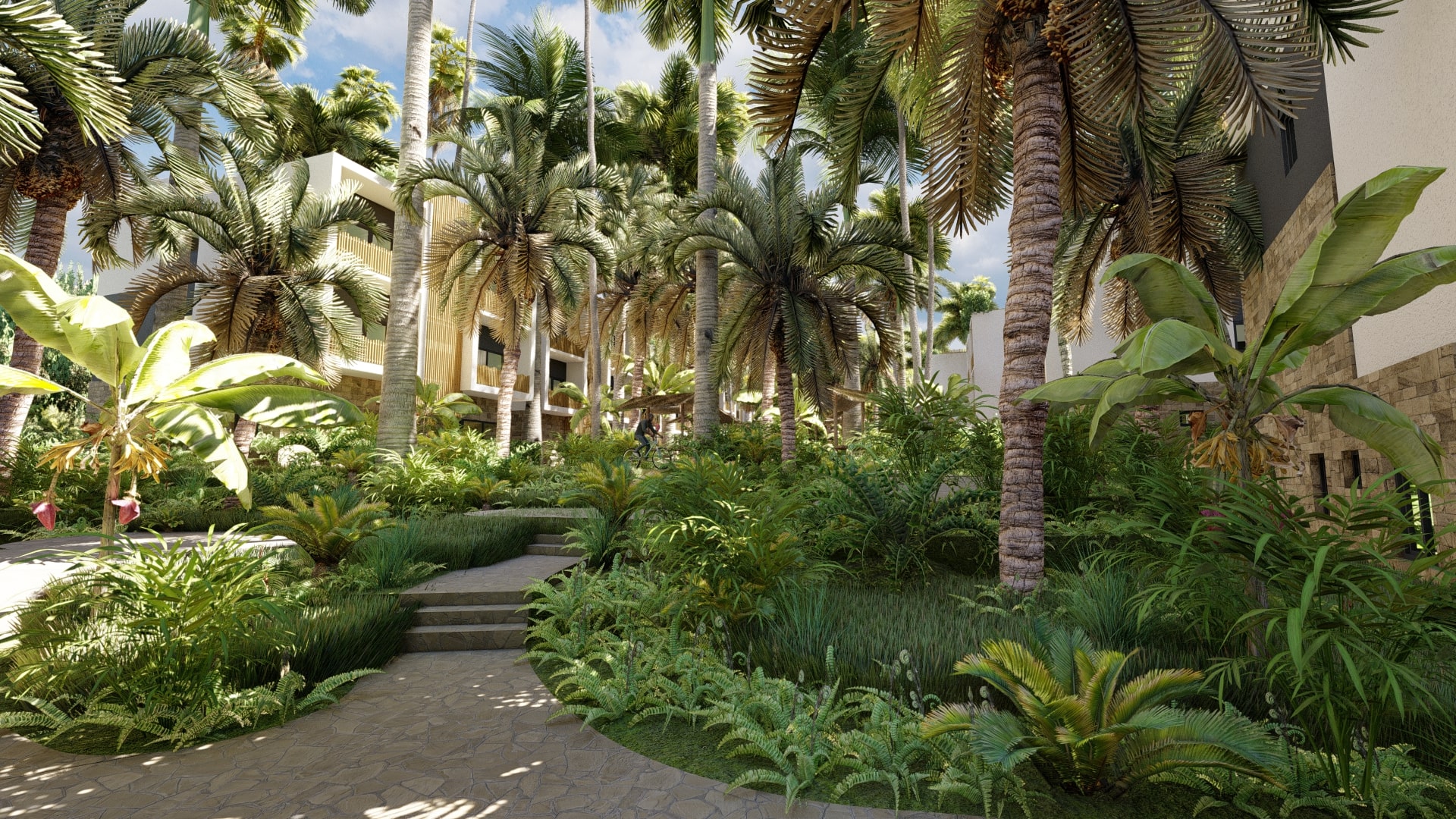 Natural stone pathway through Vela Paje tropical gardens