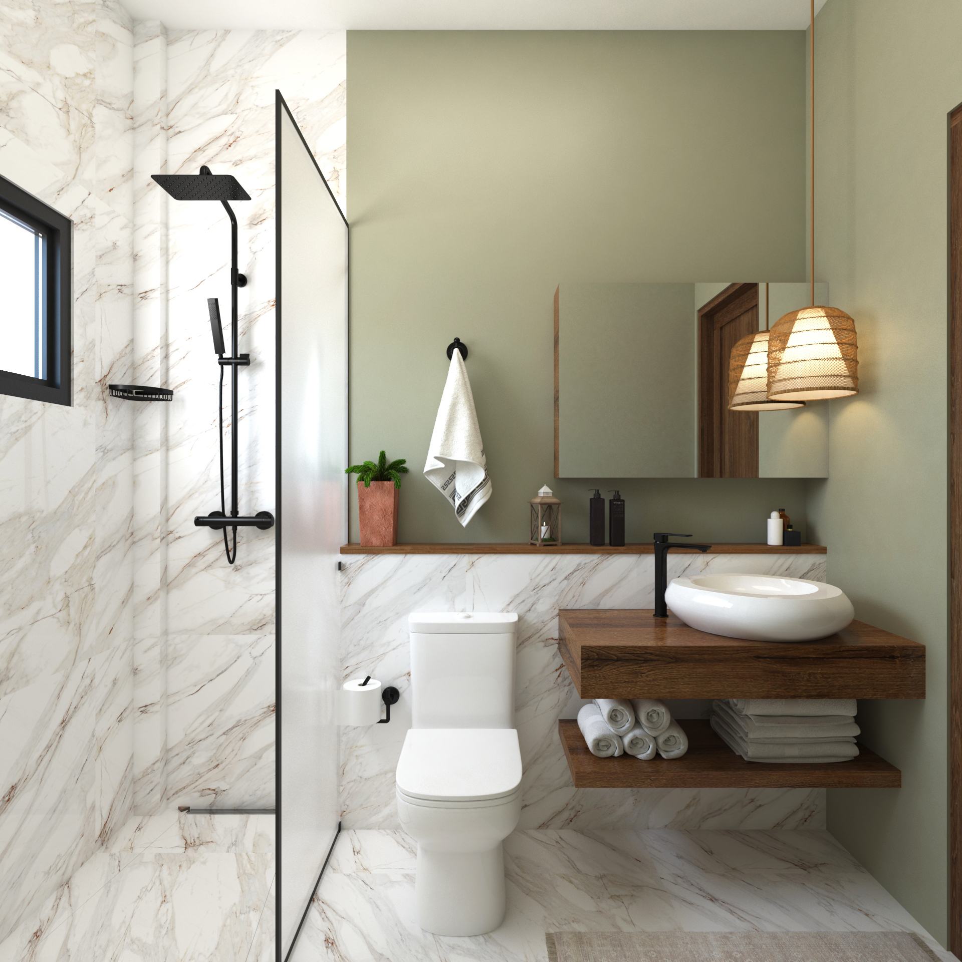 Shared bathroom with marble-effect walls, walk-in rain shower, vessel sink on floating wood vanity, and woven pendant light in Anga Apartment