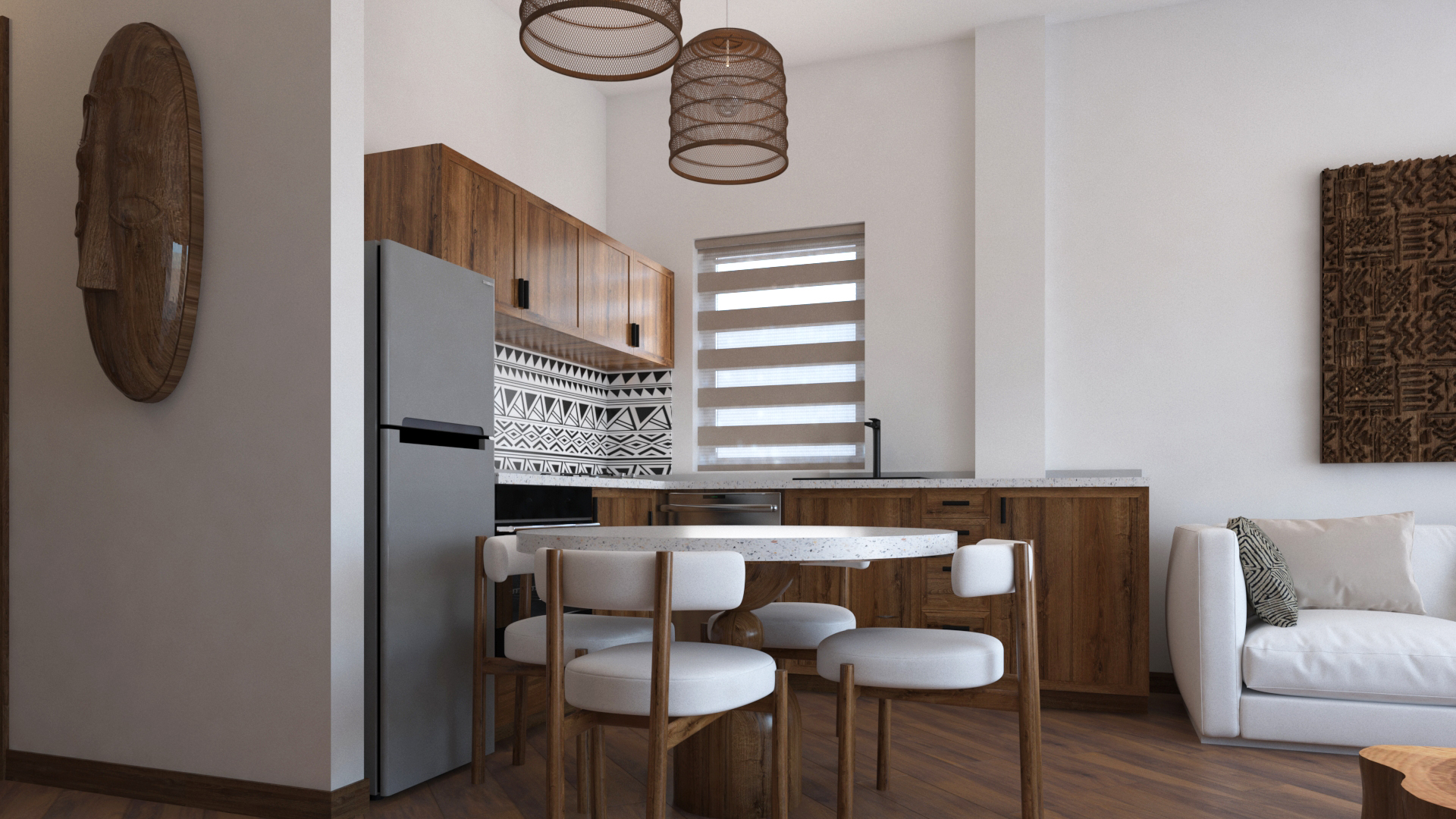Kitchen and dining area with wooden cabinetry, tribal-pattern backsplash, round dining table, and wire-cage pendant lights in Anga Apartment