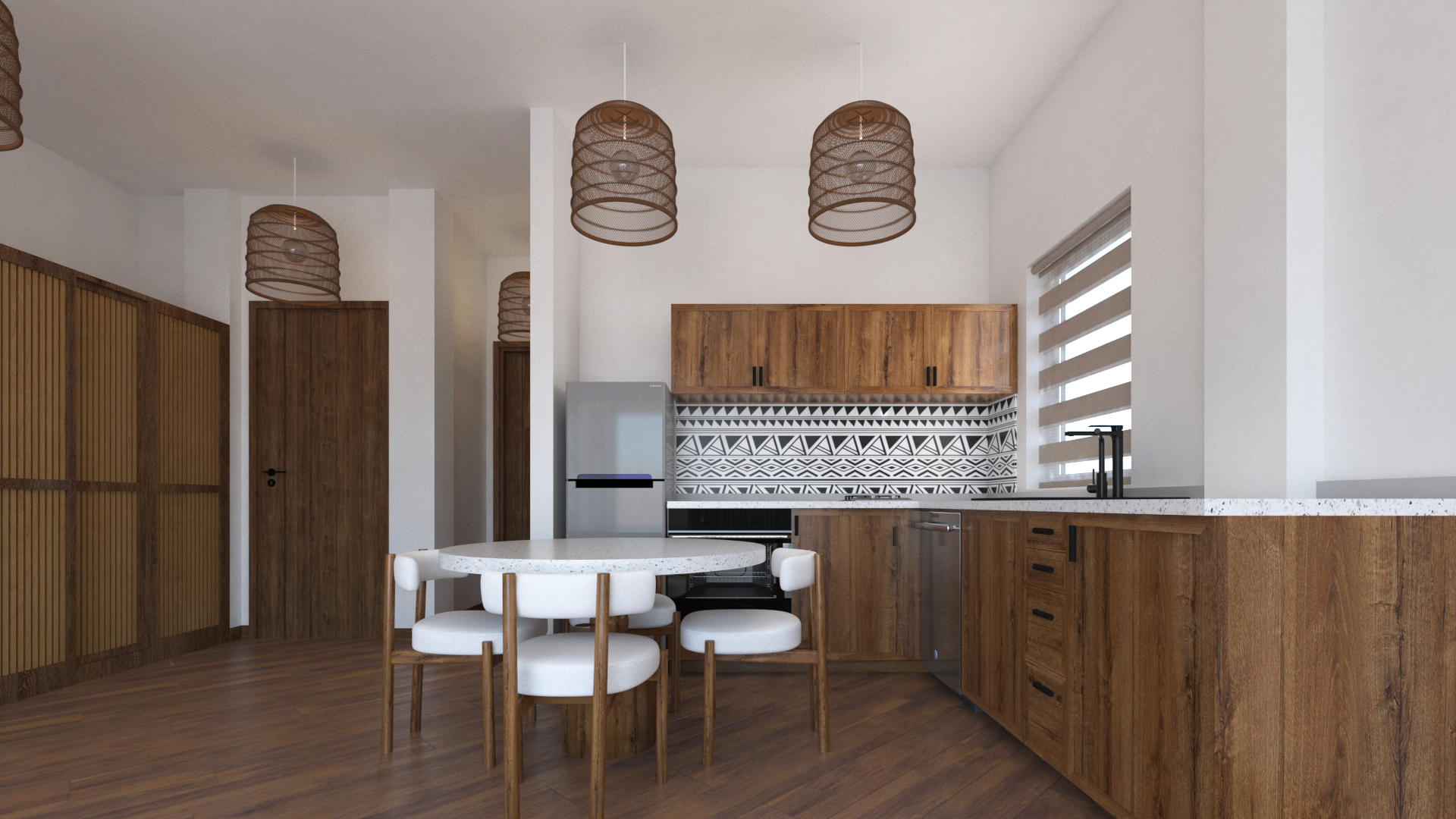 Kitchen and dining area with terrazzo countertop, wooden cabinetry, and slatted closet doors in Anga Apartment