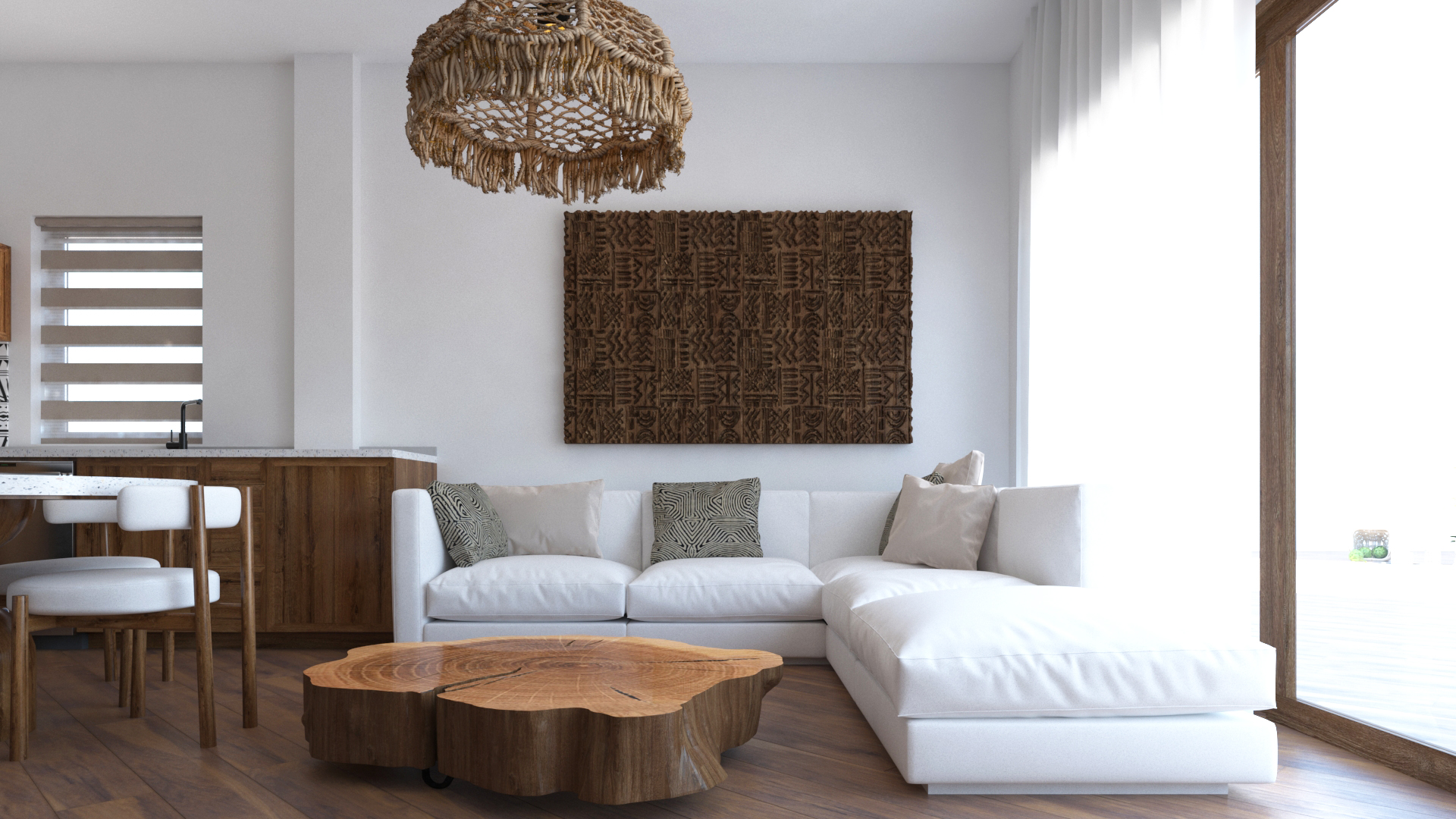 Living room with white sectional sofa, live-edge coffee table, and woven pendant light in Anga Apartment