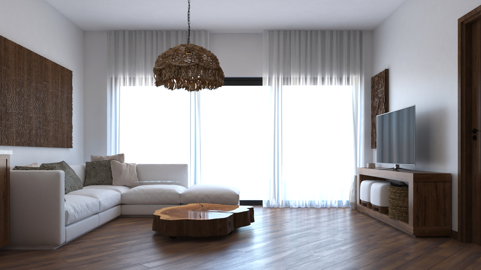 Living area with white sectional sofa, live-edge coffee table, TV console, and carved wood wall art in Anga Apartment