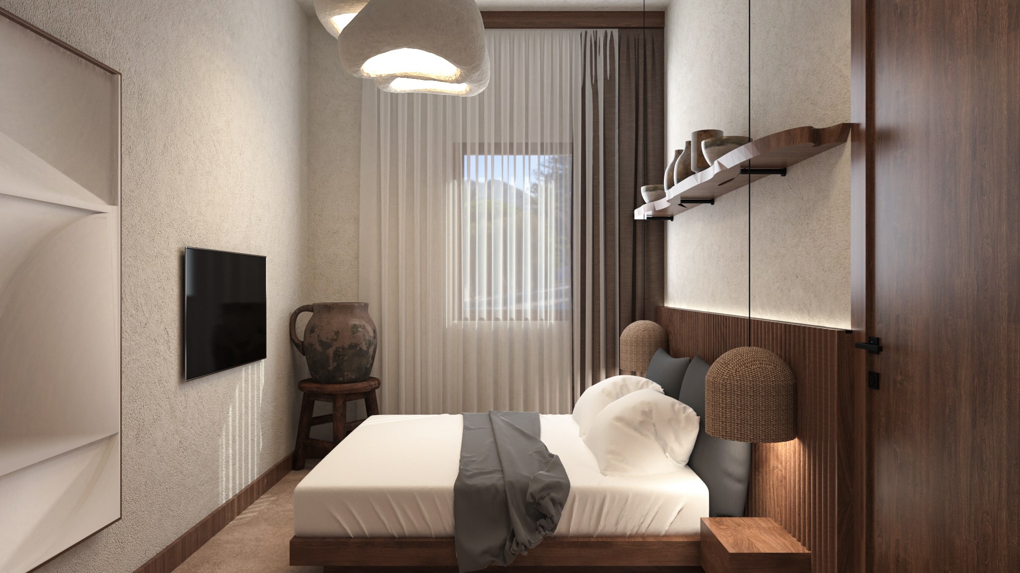 Cozy bedroom with platform bed, wall-mounted TV, and artisan decor in Asili Penthouse