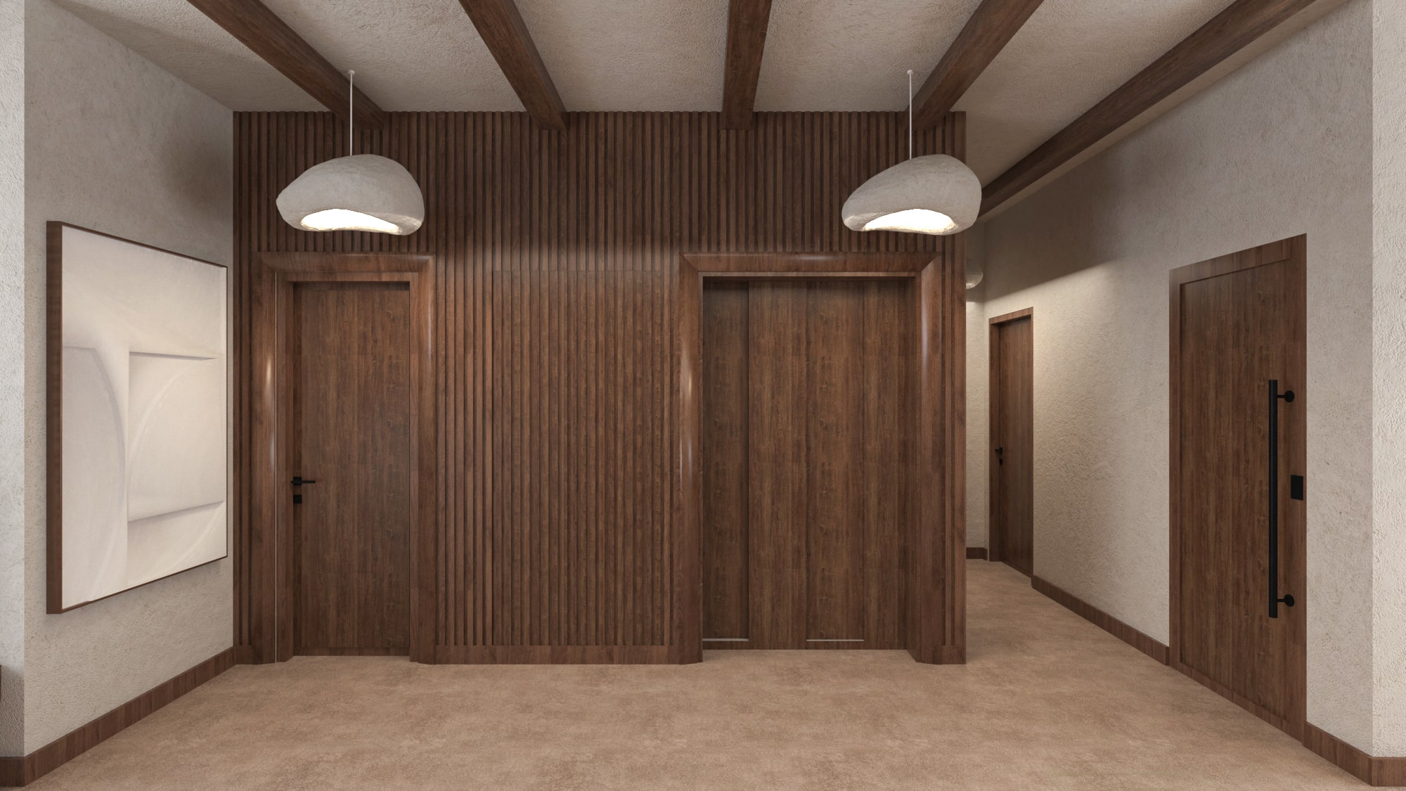 Elevator lobby with timber-slatted wall, pendant lights, and abstract art in Asili Penthouse