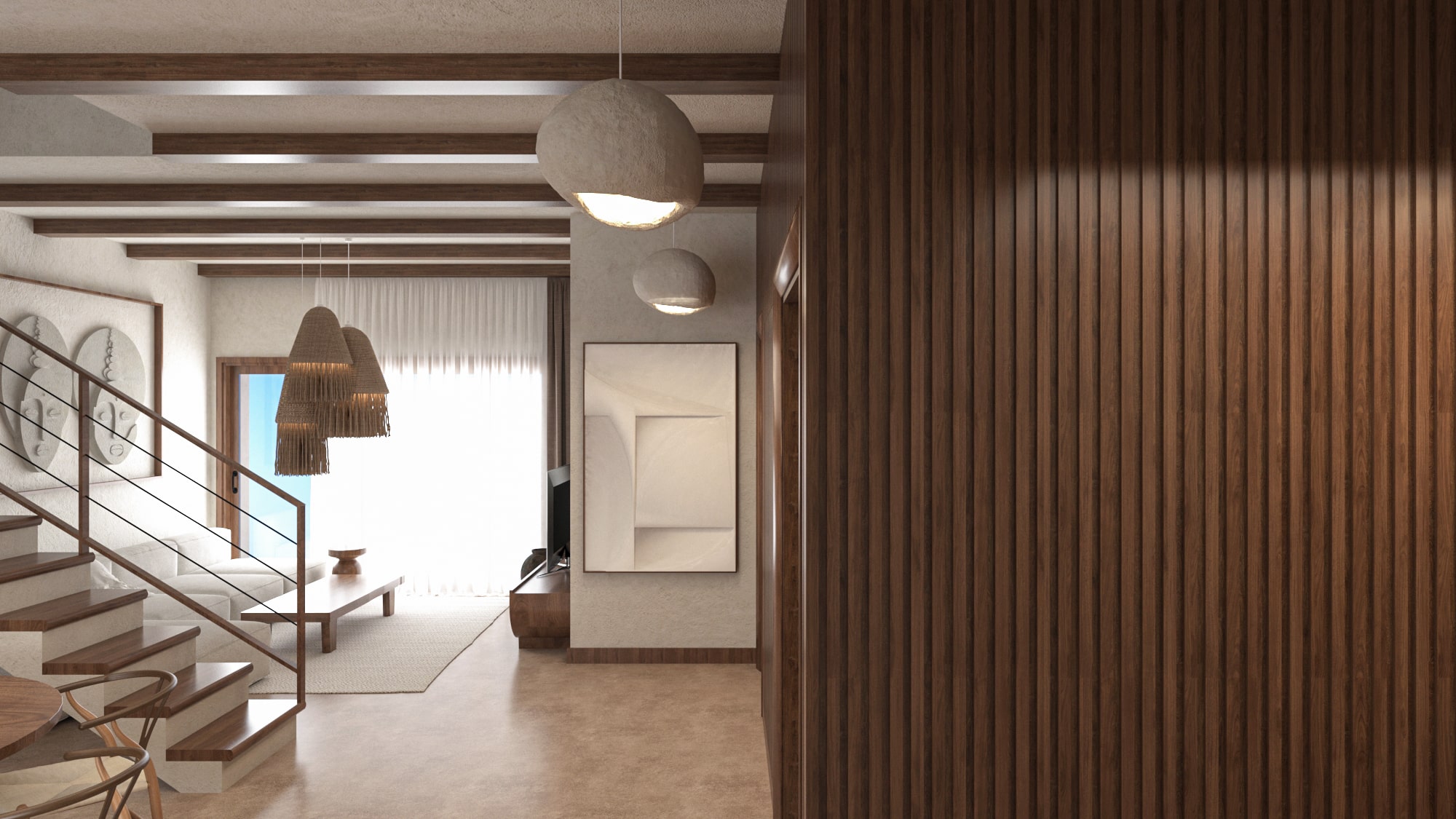 Entry hallway with timber-slatted feature wall leading to living area in Asili Penthouse