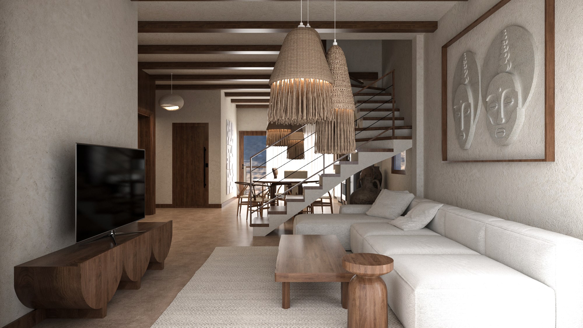 Duplex living room with woven pendant lamps, African mask wall art, and staircase in Asili Penthouse at Vela Paje Zanzibar