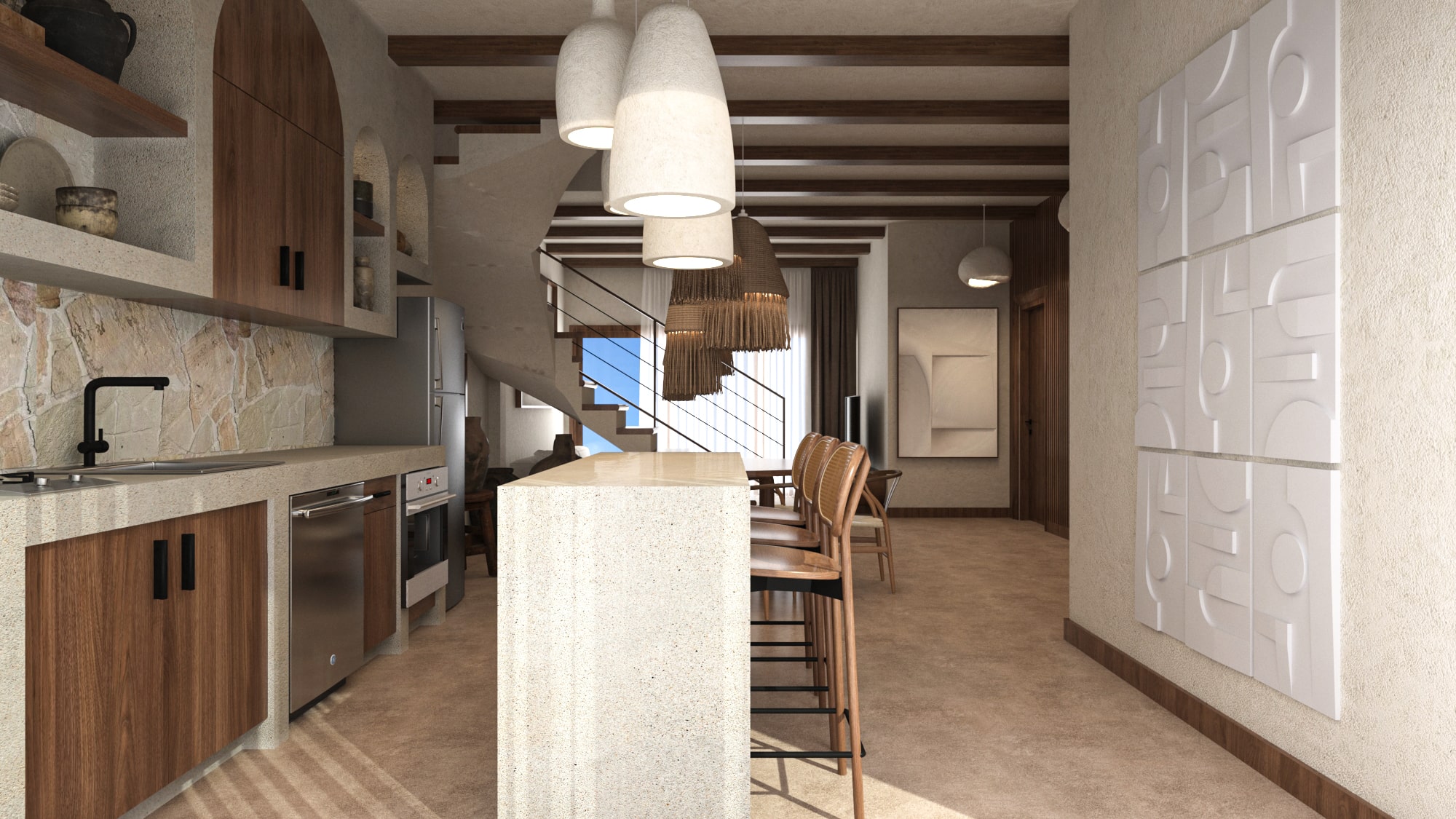 Open kitchen with stone backsplash, breakfast island, rattan bar stools, and sculptural wall art in Asili Penthouse