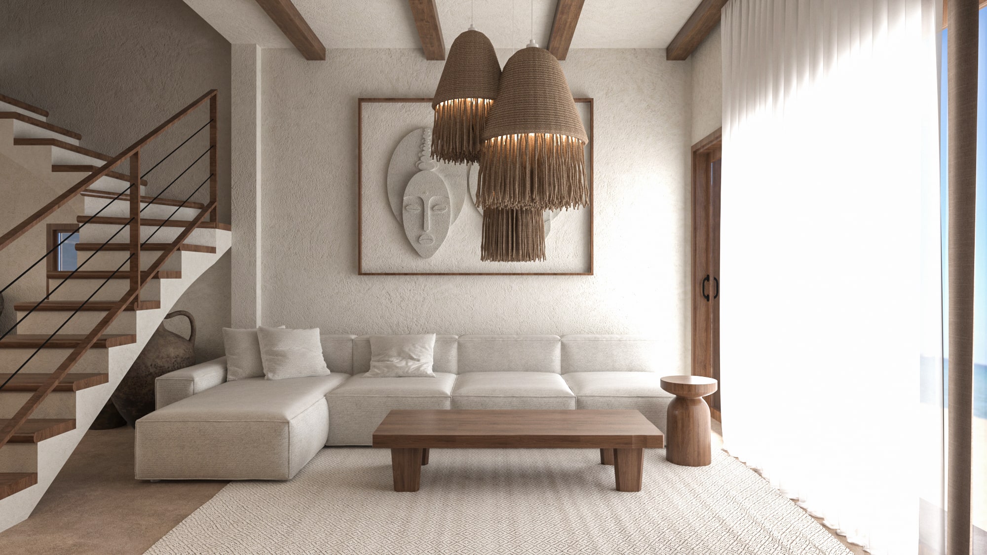 Cozy living room with African wall art and woven pendant lamps in Asili Penthouse