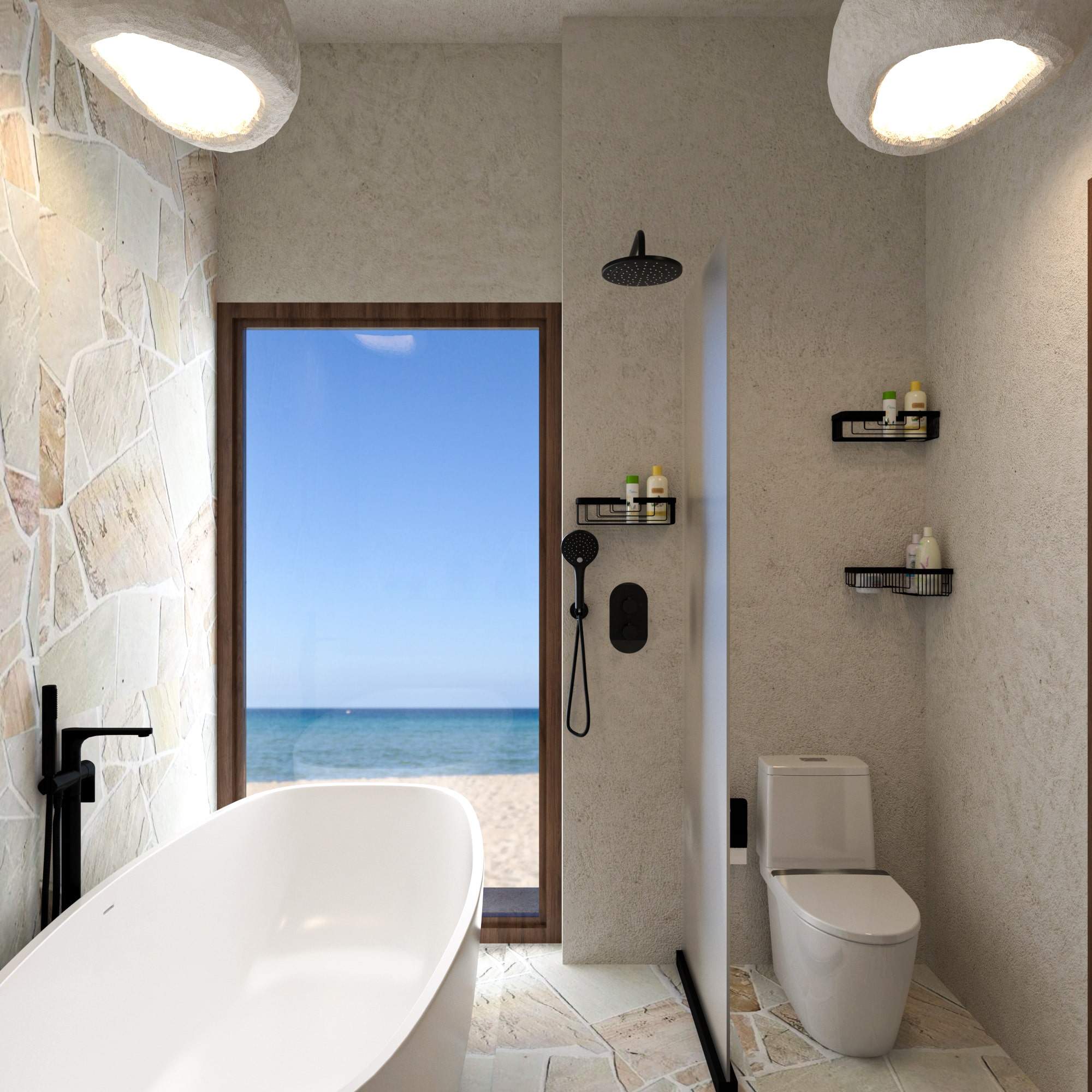Master bathroom with freestanding bathtub, ocean view through open doorway, rain shower, and natural stone wall in Asili Penthouse