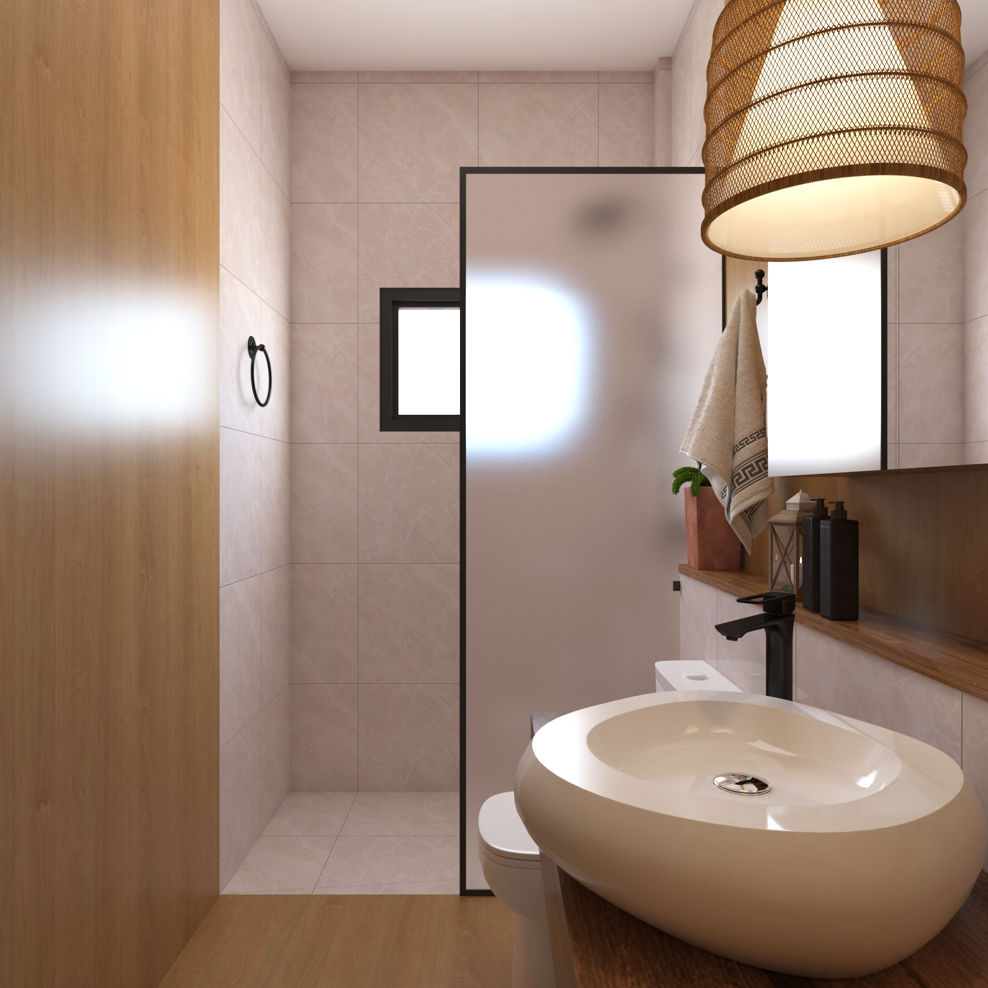 Bathroom with oval vessel sink, frosted glass shower partition, and woven pendant lamp in Bahari Studio