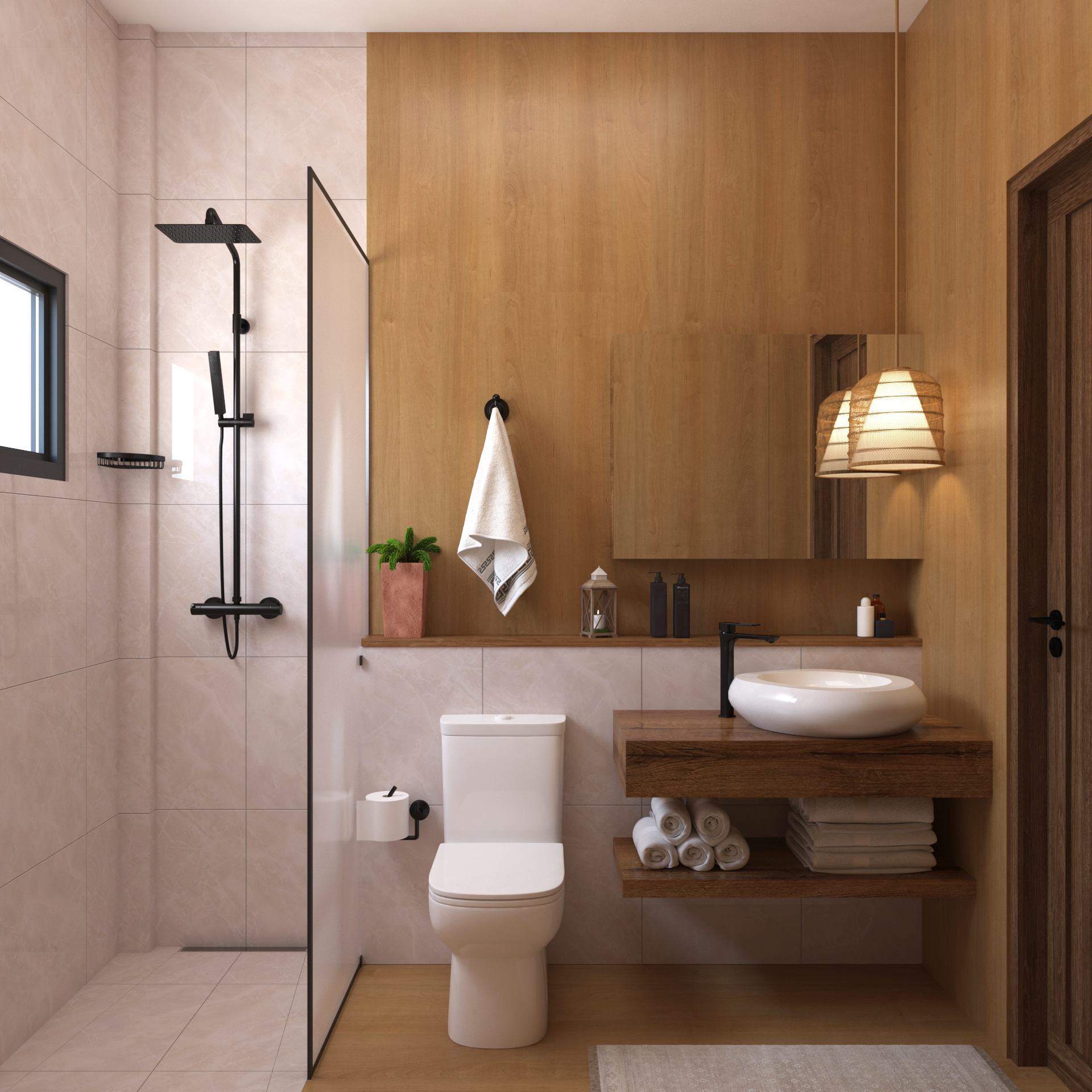 Bathroom with rain shower, floating wood vanity, vessel sink, and woven pendant lamp in Bahari Studio