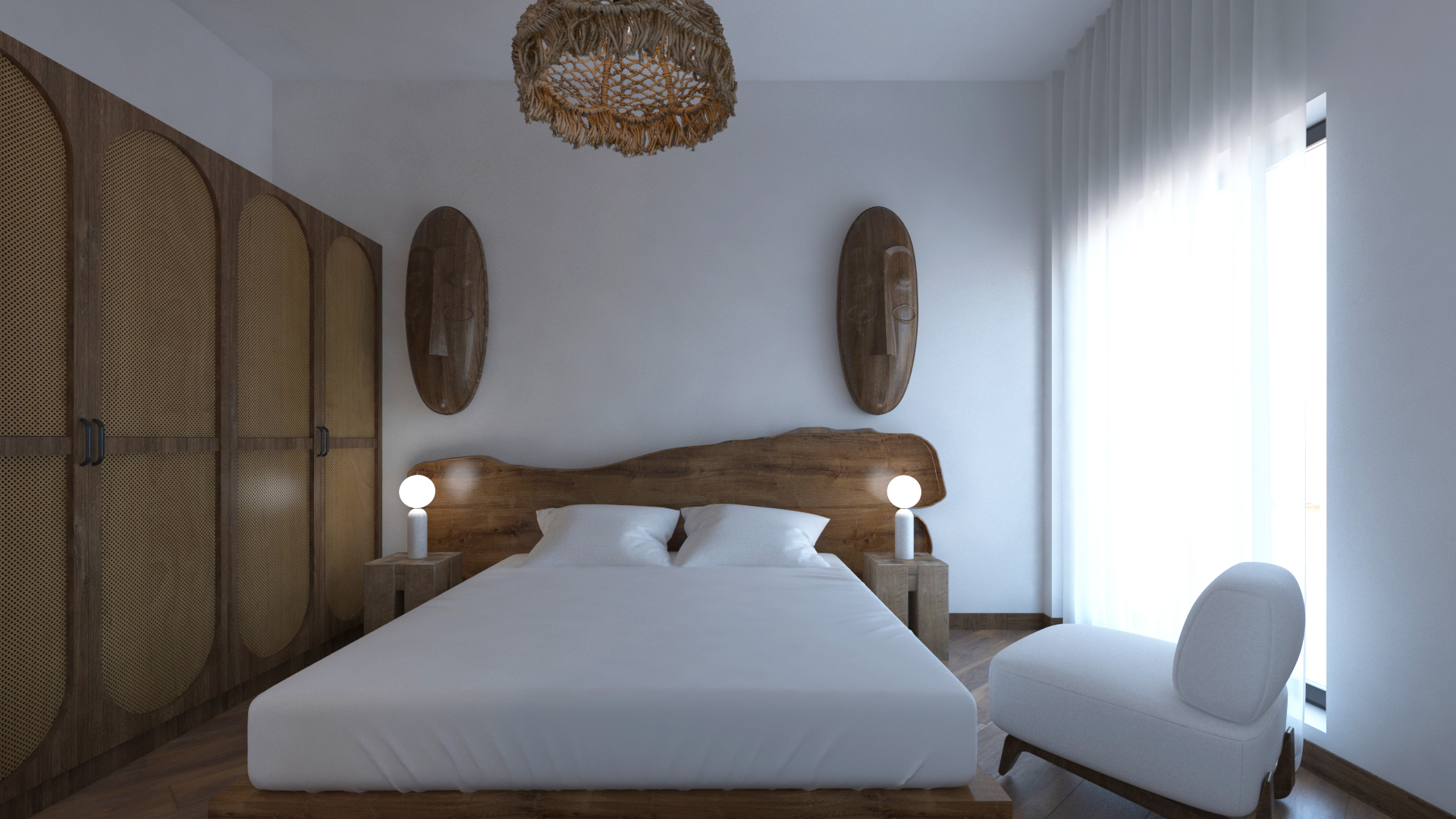 Bedroom with live-edge wood headboard, carved African masks, and rattan wardrobe in Bahari Studio