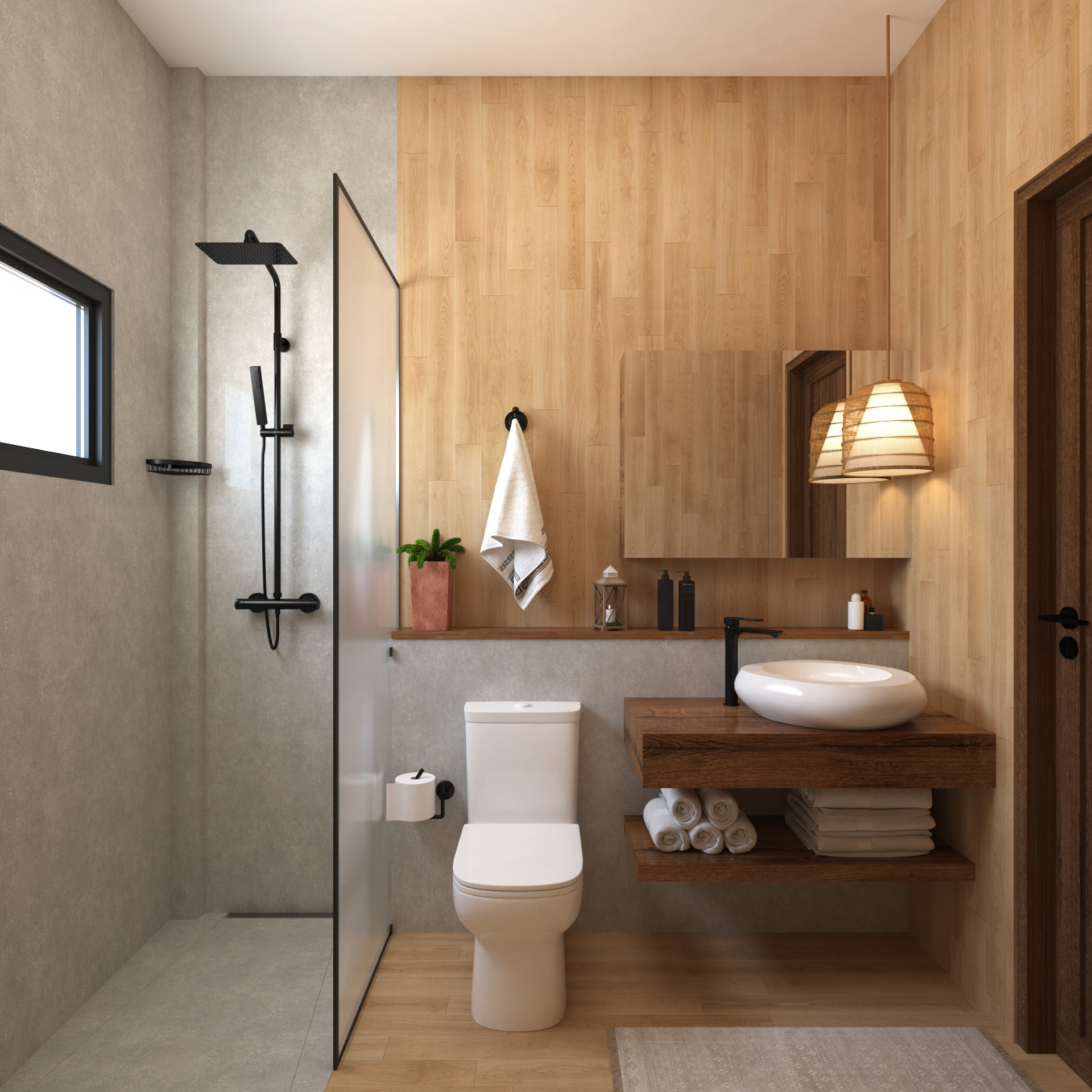 Bathroom with walk-in shower, wood-panelled walls, and floating vanity with vessel sink in Upepo Apartment