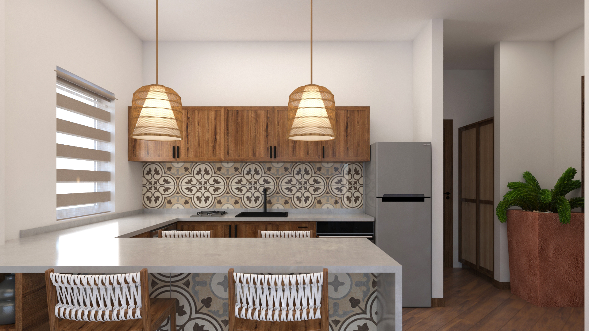 Kitchen with natural wood cabinets, patterned tile backsplash, and breakfast bar in Upepo Apartment