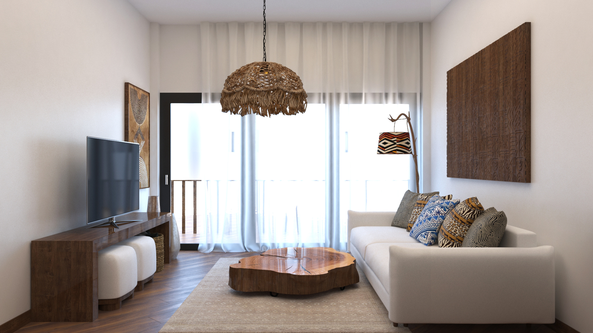 Living room with sofa, TV console, and balcony access in Upepo Apartment