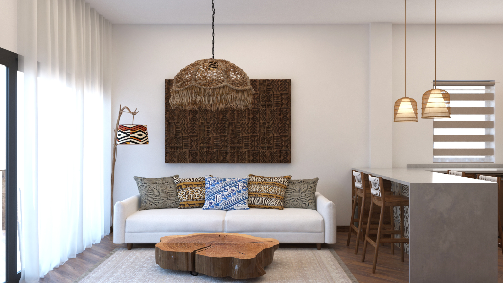 Living area with sofa, carved wood wall art, and kitchen breakfast bar in Upepo Apartment
