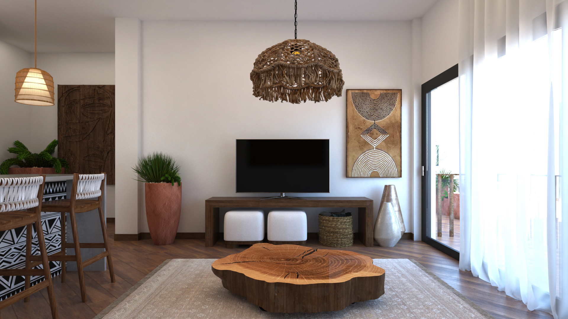 Living room with TV, live-edge coffee table, and dining bar area in Upepo Apartment